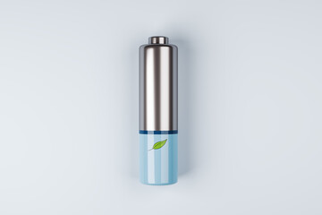 Poster - Green energy concept with front view on green leaf printed on silver and blue battery on abstract light grey background. 3D rendering