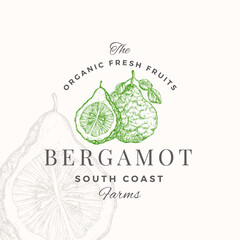 Wall Mural - bergamot badge logo template. hand drawn fruit citrus sketch with retro typography. premium plant ba