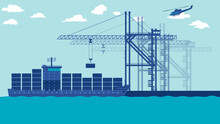 Flat Cartoon Side View Of Transport Cargo Sea Ship Loading Containers And Harbor Crane At Port