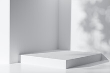 Minimal Abstract Luxury White Podiums Block For Product Presentation With Empty Stage, Sunshade Shadow On Beige And Shadows Of Tree Leaves, Pedestal For Cosmetic Product, 3d Render Illustration.