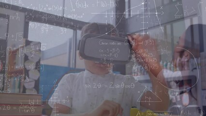 Poster - Animation of mathematical equations over caucasian schoolboy using vr headset