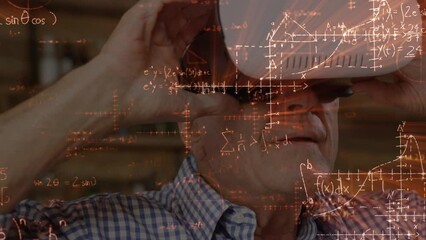 Poster - Animation of mathematical equations over senior caucasian man using vr headset