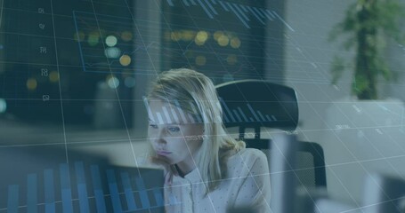 Poster - Animation of data processing over caucasian businesswoman using laptop in office