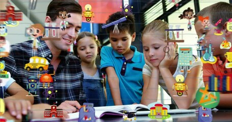 Poster - animation of school icons over diverse schoolchildren and teacher in classroom