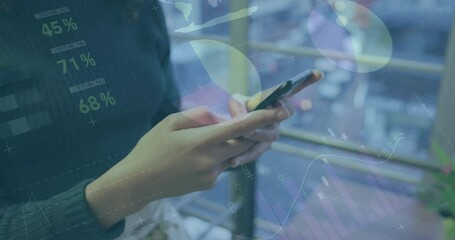 Poster - Animation of data processing over caucasian businesswoman using smartphone in office