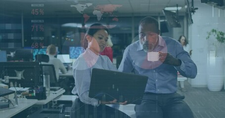 Poster - Animation of data processing over diverse business people using laptop in office