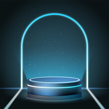Futuristic Cyber Stage With 3d Blue Neon Podium Glowing For Product Display Presentation In Darkness