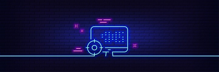 Aufkleber - Neon light glow effect. Seo computer line icon. Search engine optimization sign. Target symbol. 3d line neon glow icon. Brick wall banner. Seo outline. Vector