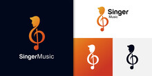 Vector Logo Of Singer Vocal Karaoke, Choir With Music Notes Treble Clef - Singing Face Silhouette Logo Design For Sound Recording Studio, Vocal Course, Composer