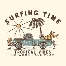 Tropical Illustration Surf Time Design Car Vintage T Shirt