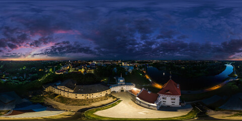 Wall Mural - aerial seamless spherical 360 night panorama overlooking old town, historic buildings and medieval c