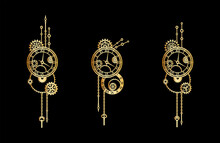 Vintage Set Of Golden Decorative Elements With Clock-face, Gears, Cogwheels, Curls And Chains On A Black Background. Steampunk. Vector Design Template For Holiday Greeting Card, Poster, Signage, Label