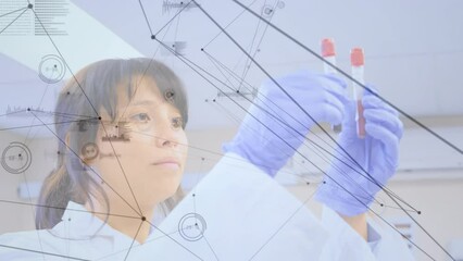 Poster - Animation of network of connections over asian female lab worker with samples