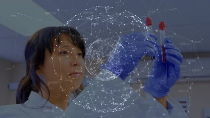 Poster - Animation of network of connections over asian female lab worker with samples