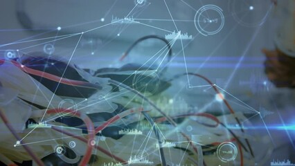 Poster - Animation of network of connections over hands of caucasian doctor and drips