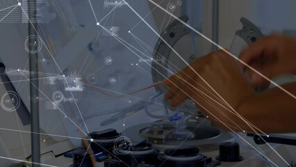 Poster - Animation of network of connections over hands of biracial male lab worker with samples