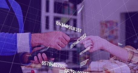 Poster - Animation of changing numbers over hands of caucasian woman using payment terminal