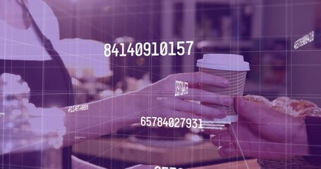 Poster - Animation of changing numbers over caucasian waiter giving coffee to customer