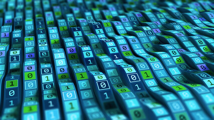Fototapete - Business technology digital future. Binary code waves, wavy lines digital global data flow concept. 3D illustration of information field of innovative solutions