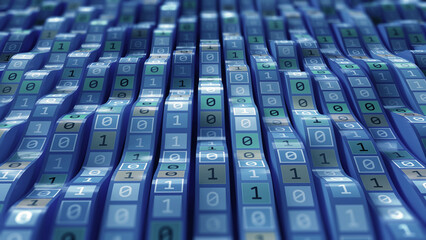 Poster - Binary code waves, wavy lines digital global data flow concept. 3D illustration of big data clusters structured into a high-tech database cyber algorithm