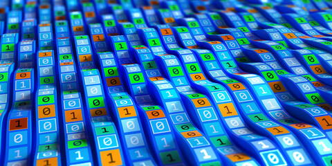 Poster - Binary code waves, wavy lines digital global data flow concept. 3D illustration of big data clusters structured into a high-tech database cyber algorithm