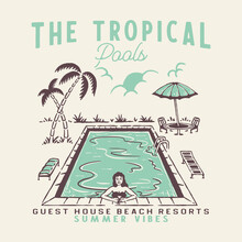 Tropical Illustration Pools Badge Palm Design Beach T Shirt