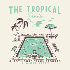 Wall Mural - tropical illustration pools badge palm design beach t shirt