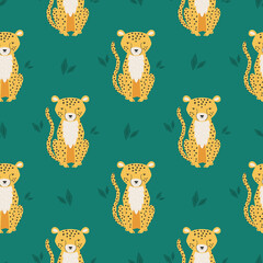 Wall Mural - Vector seamless pattern with cute cheetahs and green foliage