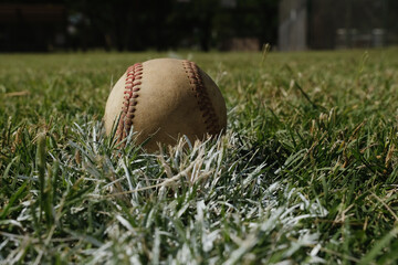 Sticker - Used game ball laying on baseball foul line in grass outfield on park field for sport.