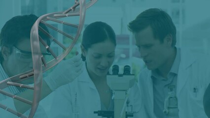 Poster - Animation of dna rotating over diverse female and male lab workers