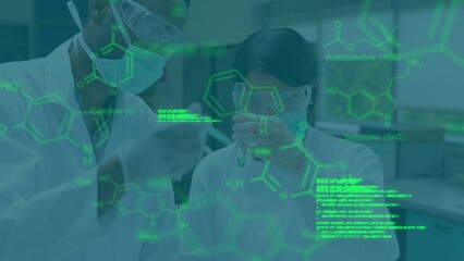 Poster - Animation of chemical formulas and data processing over diverse female and male lab workers