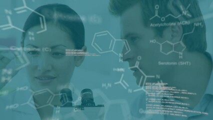Poster - Animation of chemical formulas and data processing over diverse female and male lab workers