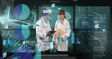 Poster - Animation of data processing over caucasian male and female doctors talking
