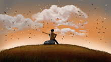 Silhouette Of A Child Playing With A Ball A Boy Playing Guitar Sitting Alone  On The Rock Digital Art, Painting, Anime, 3d Illustration, Art, Wallpaper