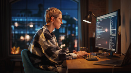 Wall Mural - Young Woman Writing Code on Desktop Computer in Stylish Loft Apartment in the Evening. Creative Female Wearing Cozy Clothes, Working from Home on Software Development. Urban City View from Big Window.