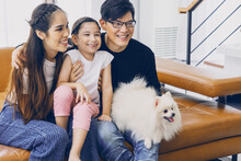 Happy Family Concept Asian Father And Mother And Six Year Old Daughter Sitting On The Sofa With The Little White Dog Watching TV Together Happily In The Living Room Of The House.