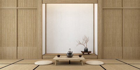 Canvas Print - Traditional japanese tea room interior with tatami mats.3d rendering