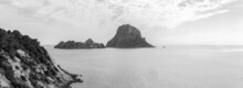 B/W View From Mirador Cala D'Hort Of Cap Blanc And 2 Magnetic Islands - Small Isla De Es Vedranell And Es Vedra Island, Ibiza, Balearic Islands, Spain