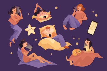 People reading in bed before sleep vector illustrations set. Cartoon man and girls lying and reading using cellphones on purple background. Internet addiction, night time, entertainment concept