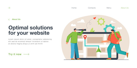 Poster - Man looking at courier with tablet showing his location in background. Customer waiting for deliveryman flat vector illustration. Delivery service concept for banner, website design, landing web page