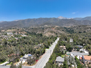 Aerial view of wealthy Alta Loma community and mountain range, Rancho Cucamonga, California, United States