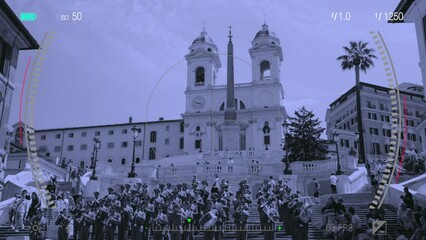 Wall Mural - Rome, Italy - June 1, 2022: A look through the photo camera at Spanish Steps on Piazza di Spagna in Rome, Italy. Summer sunny day and dramatic blue sky