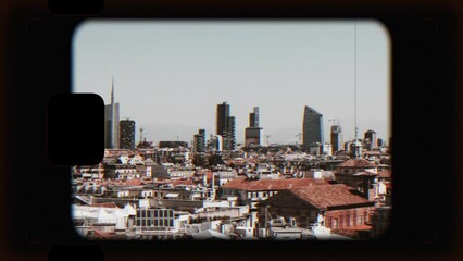 Wall Mural - Retro photo camera screen with Milan city with modern buildings from Milan Cathedral. Summer landscape with clear blue sky