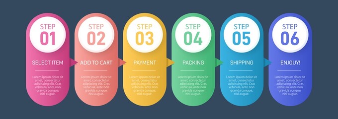 Concept of shopping process with 6 successive steps. Six colorful graphic elements. Timeline design for brochure, presentation, web site. Infographic design layout.