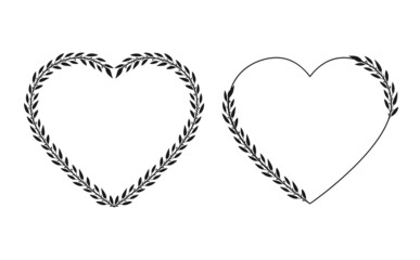 Two black laurel wreaths in the shape of a heart. Leaves and branches of laurel. Vector illustration for design.