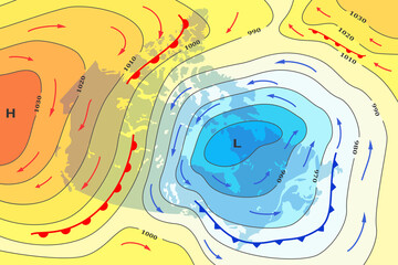weather forecast map of canada. movement of cold front to canada. template of climate map for synopt