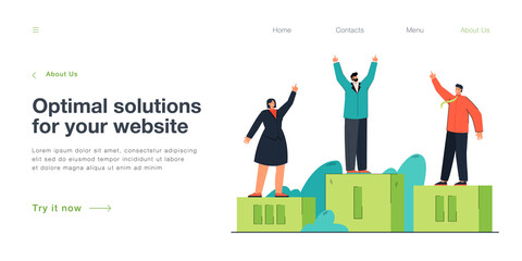 Wall Mural - cheerful business people standing on pedestal. happy businessman or winner in first place flat vecto