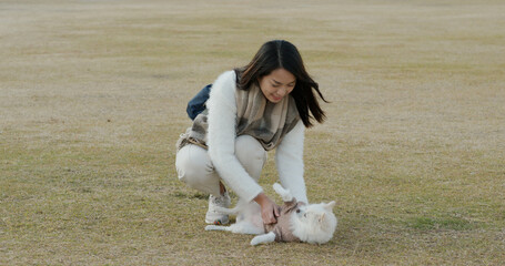 Poster - Woman play with her dog at park