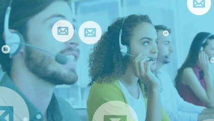 Poster - Animation of online mail icons over diverse business people wearing phone headsets