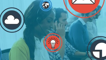 Poster - Animation of online icons over diverse business people wearing phone headsets